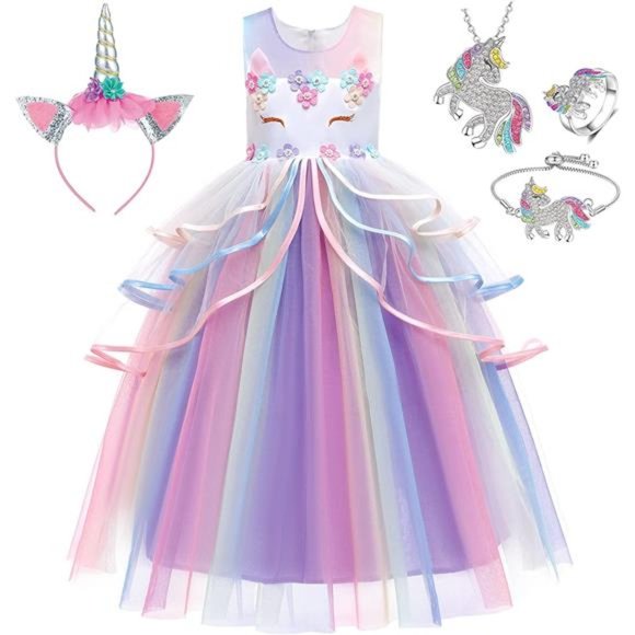5Pcs Little Girls Unicorn Princess Dress Up Clothes Jewelry and Headband Set
